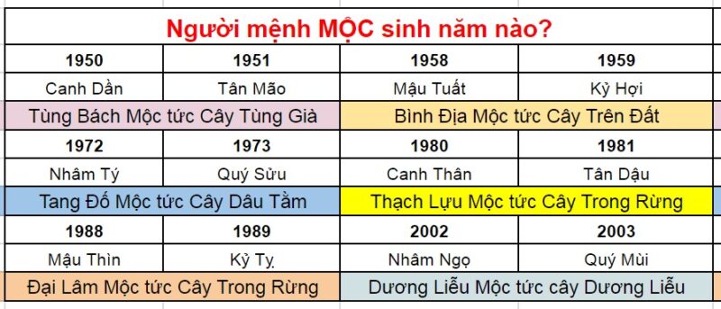 Mệnh Mộc sinh năm nào